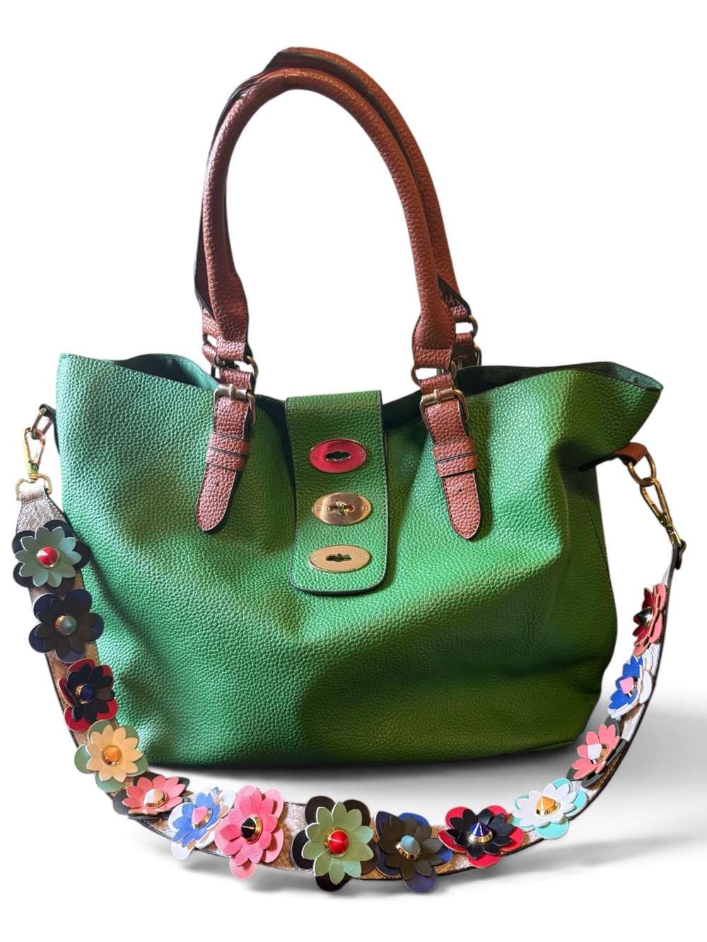 J & D Paris Women's Green Large Bag Faux Leather Handbag Floral Grommets Strap - Picture 1 of 11